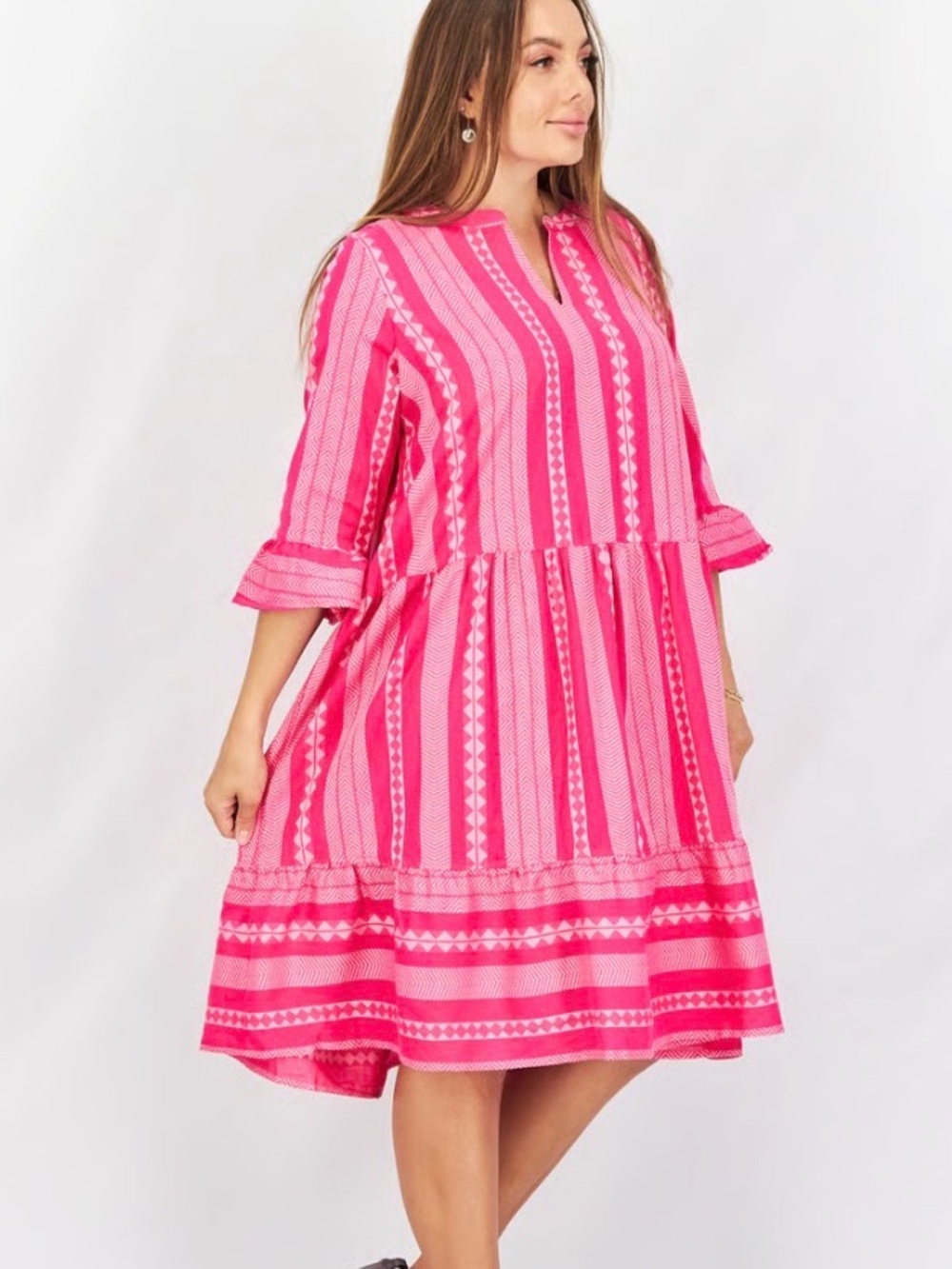 Tchibo Pink Boho Tiered Midi Dress M/L Ikat Stripe Bell Sleeve Cover Up